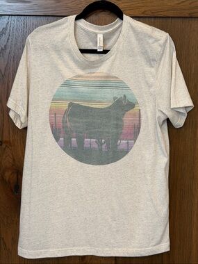 Bella Canvas Heather Cream Tee with Desert Sunset Cow Graphic